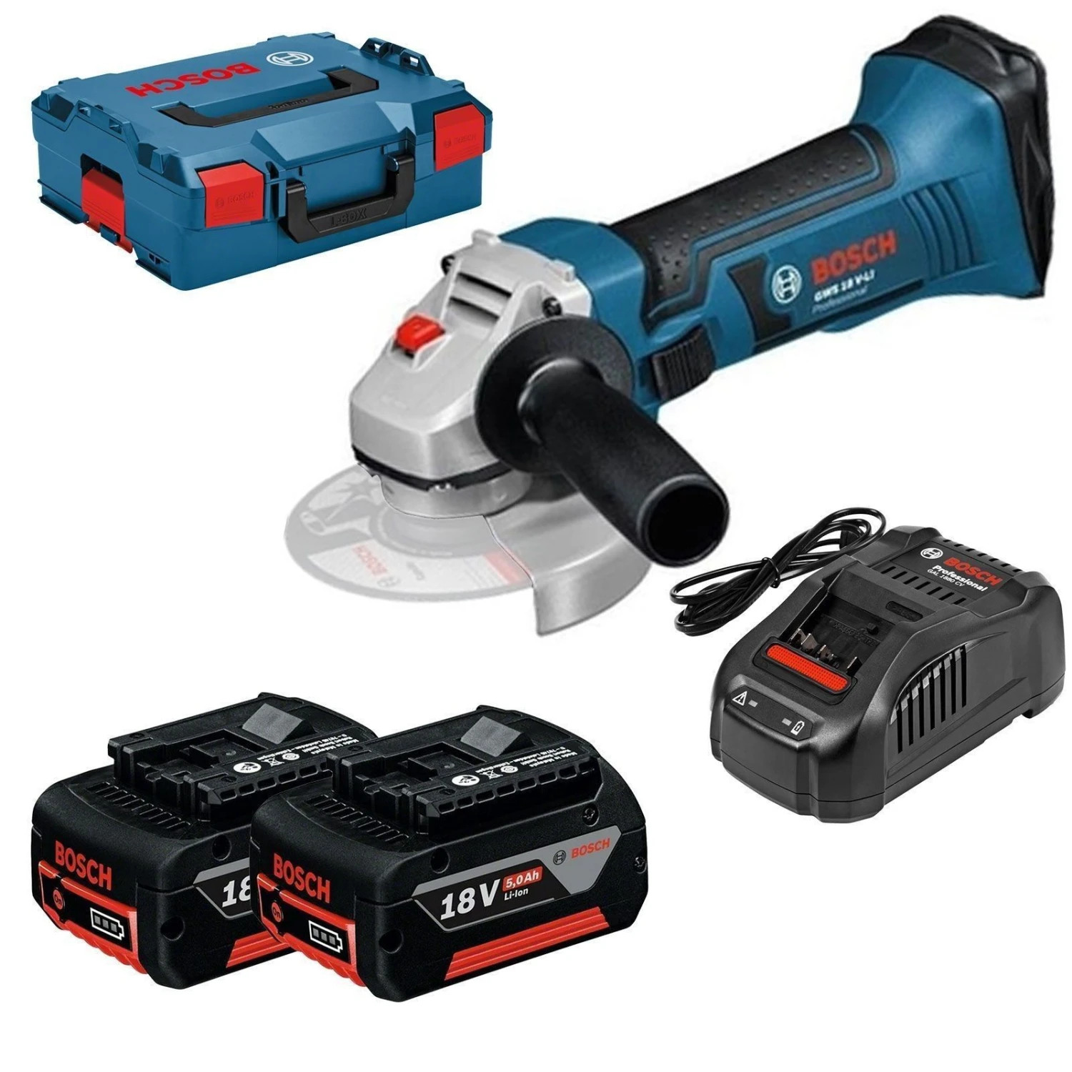 Bosch GWS 18-125 V-LI 18V Li-Ion Accu Haakse Slijper Set (2x 5.0Ah Accu) In L-Boxx - 125mm - 060193A30L